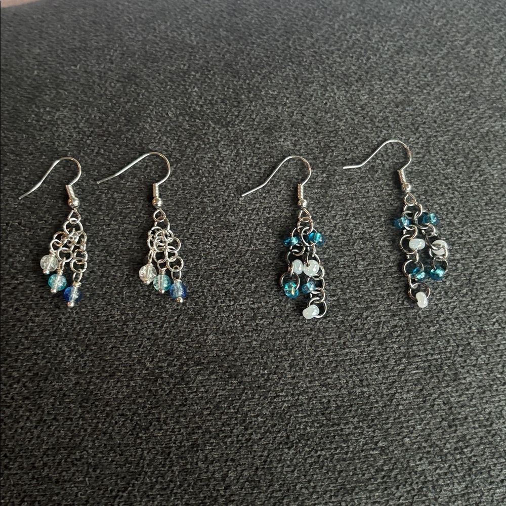 Silver and Blue Beaded Dangle Earrings- hand crafted - Picture 4 of 12